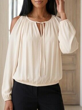 KAREN KANE Cream Cold-Shoulder Tie Neckline Blouson Top Size Small